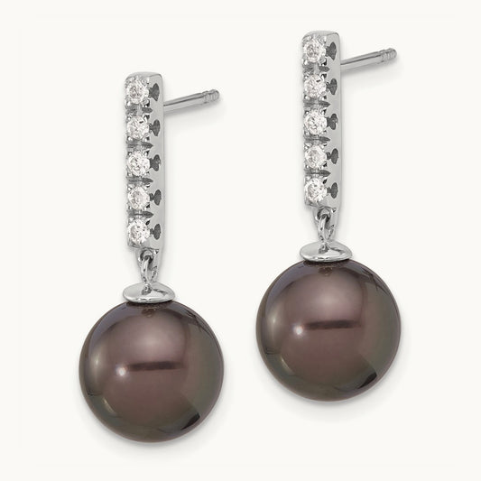 9- Round Black Tahitian Pearl .20ct Dia Earrings, 10mm, 14K White Gold