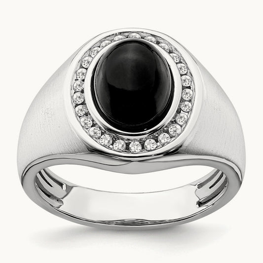 Oval Onyx and Diamond Mens Ring, 14K White Gold