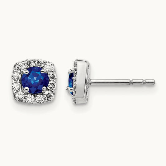 Diamond and Sapphire Square Halo Earrings, 14K White Gold