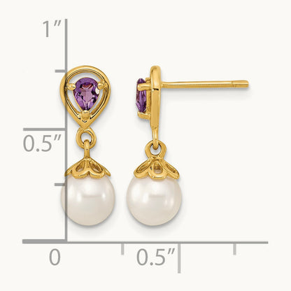 6- White Round FWC Pearl Amethyst Post Dangle Earrings, 7mm, 14K