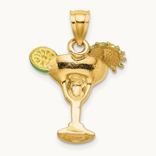 Orange Enameled Margarita Drink w/Umbrella and Lime Charm, 14K