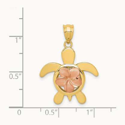 Diamond-cut Rose Plumeria Turtle Pendant, 14K Two-tone