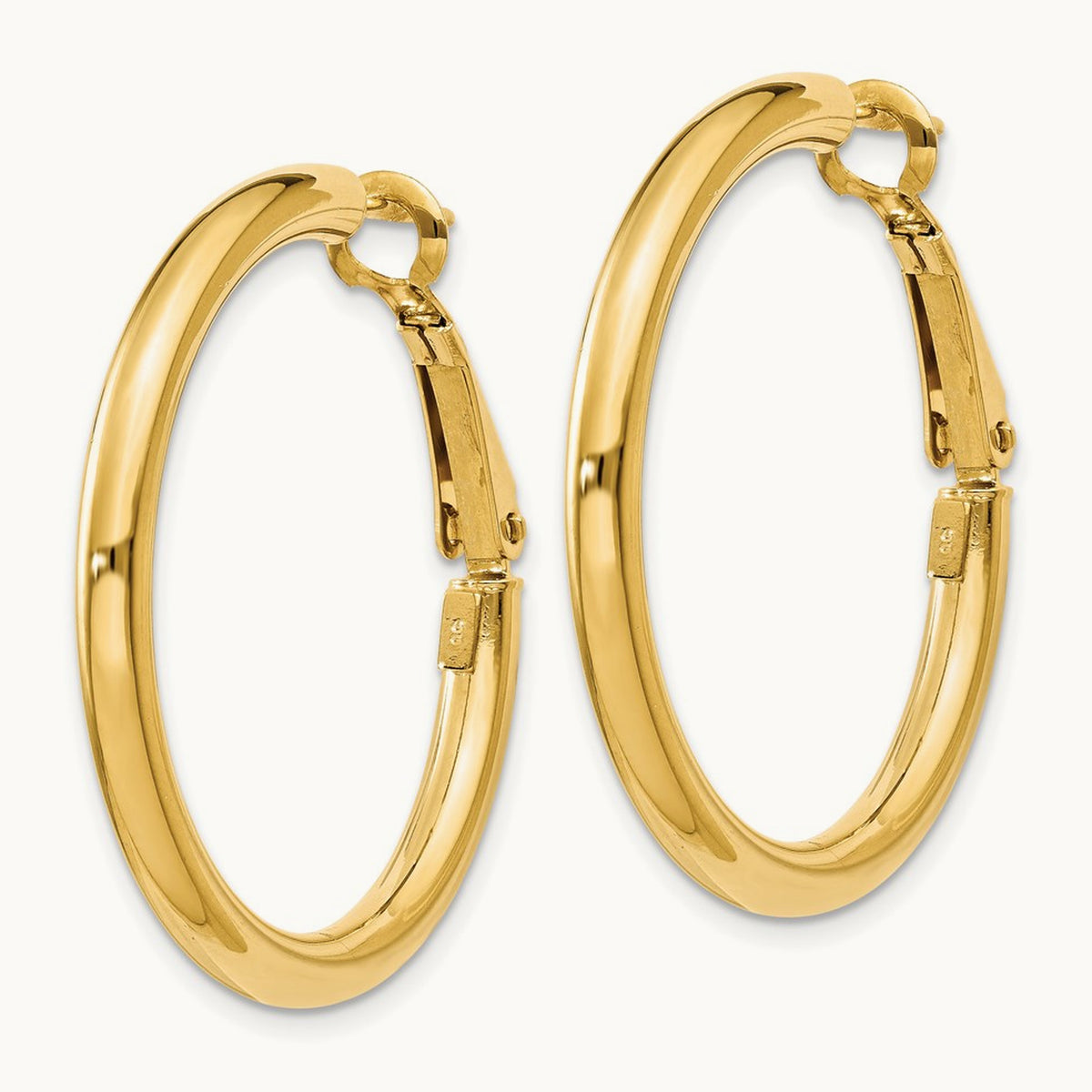 Polished Round Omega Back Hoop Earrings — 14K Yellow Gold, 3x32mm