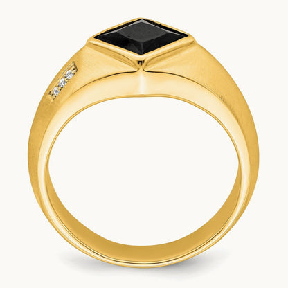 Onyx and Diamond Satin Men's Ring — 14K Yellow Gold
