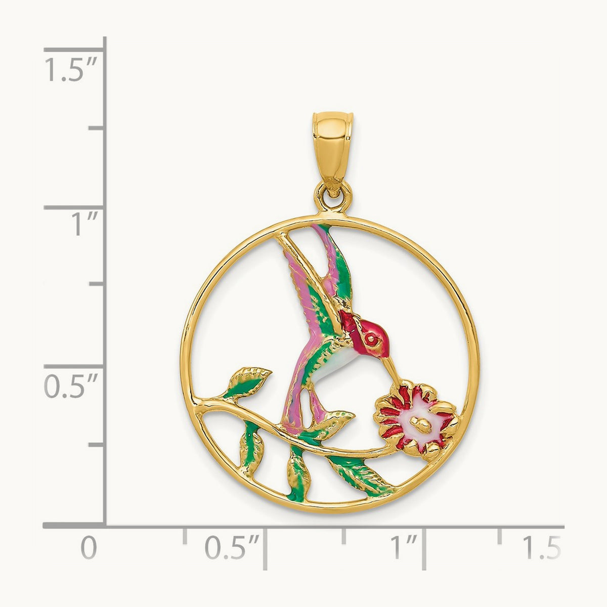 Enameled Hummingbird and Flower in Circle Pendant, 14K