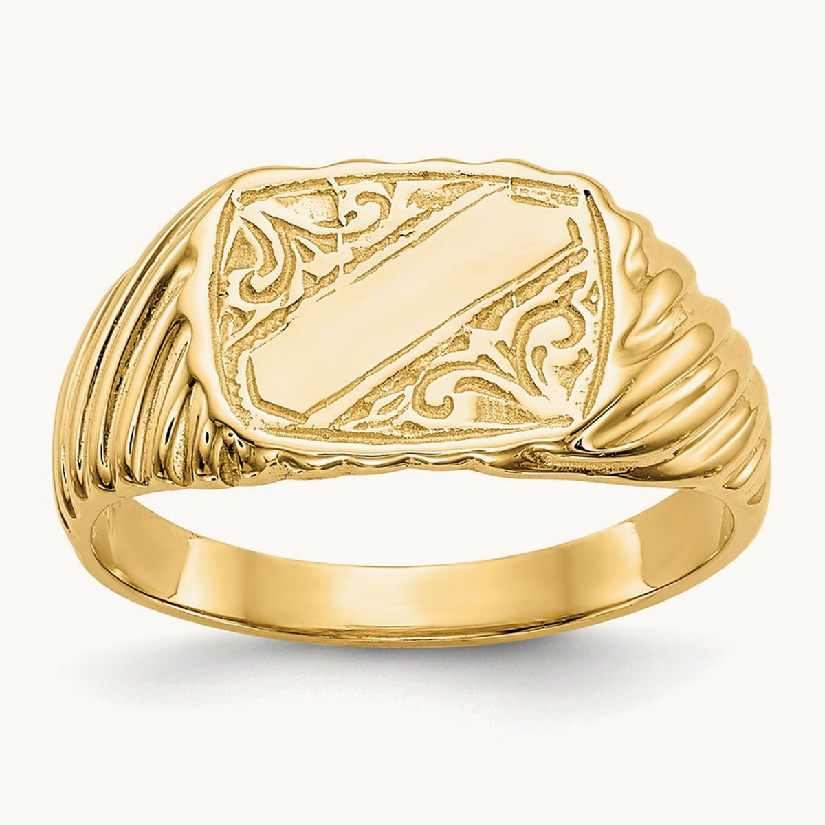 Polished Baby Rectangle Signet w/Stripes Ring, 14K Gold