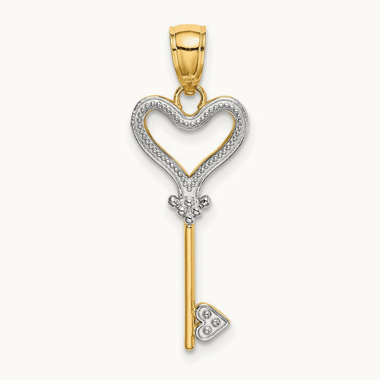 w/Rhodium Key w/Heart Charm, 14K