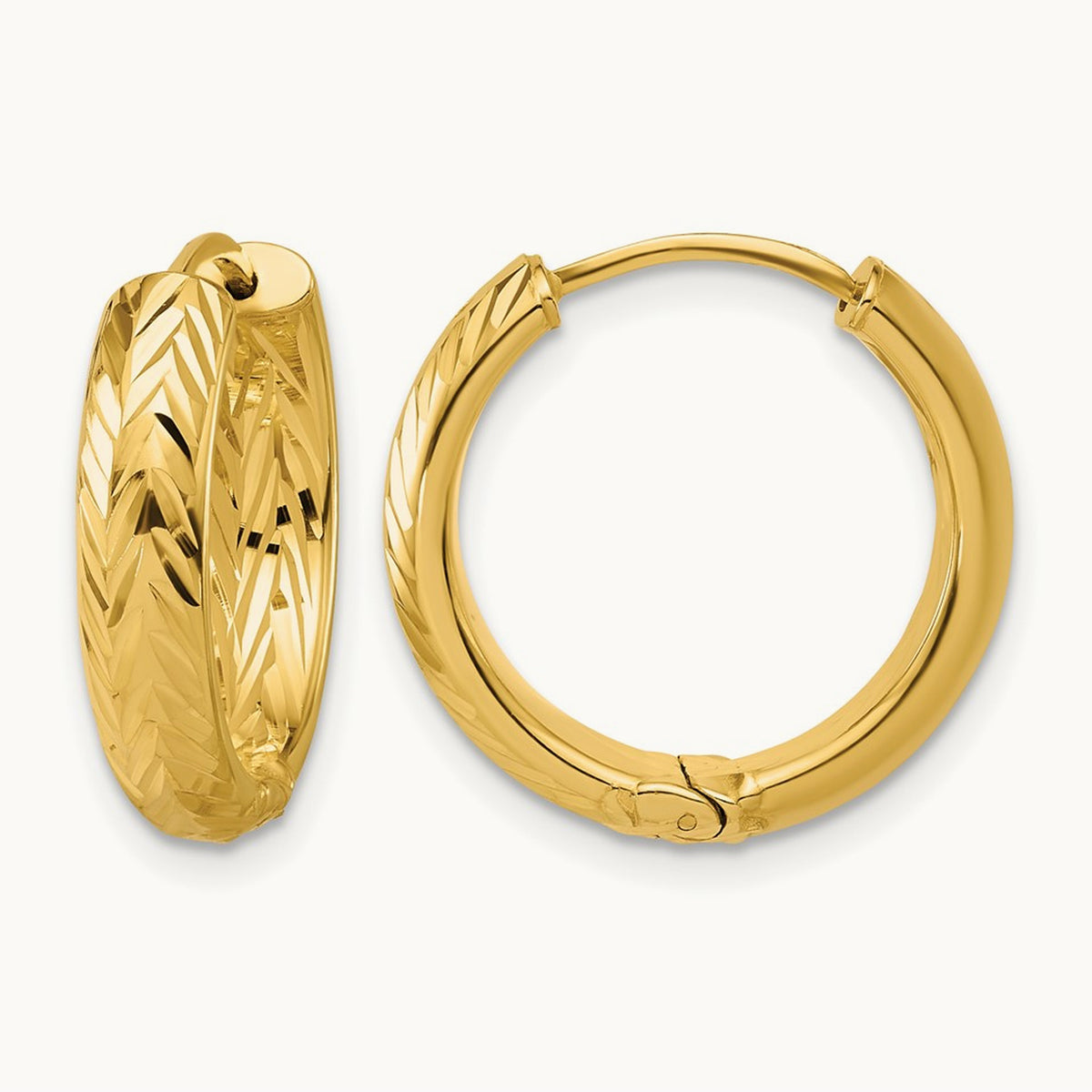 ' with White Rhodium-plated Polish/Diamond-cut Hinged Hoop Earrings — 14K Yellow Gold