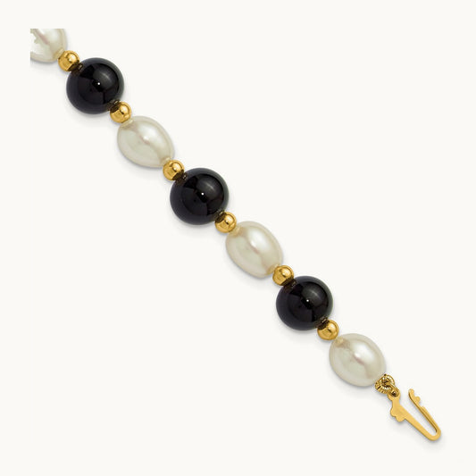 6- Rice White FWC Pearl and Onyx 8in Bracelet, 7mm, 14K