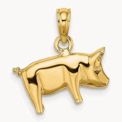 3-D Polished Pig with Curly Tail Charm — 14K Yellow Gold