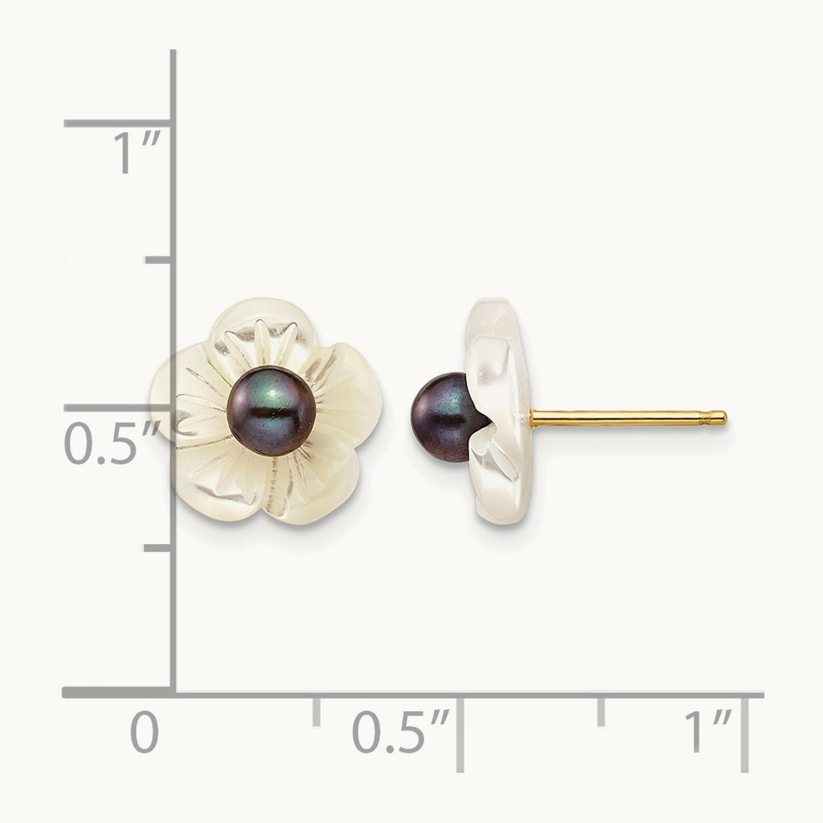 3- Black FW Cultured Pearl w/10 mm MOP Flower Post Earrings, 4mm, 14K