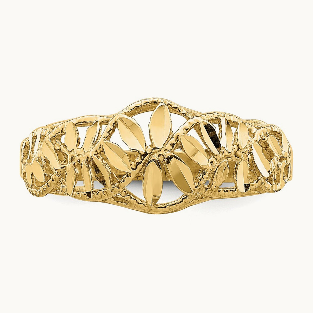 Diamond-cut Cut-Out Vine and Leaf Design Dome Ring, 14K