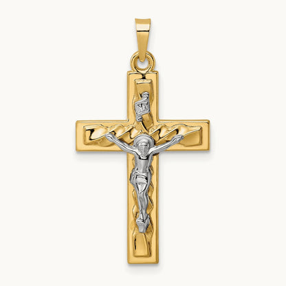 Polished and Twisted Hollow INRI Crucifix Pendant, 14K Two-tone