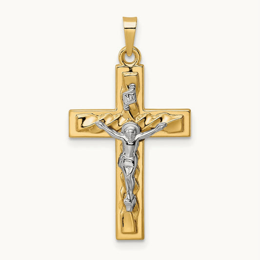 Polished and Twisted Hollow INRI Crucifix Pendant, 14K Two-tone
