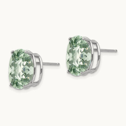12x10 Oval Checker-Cut Green Quartz Earrings, 14K White Gold