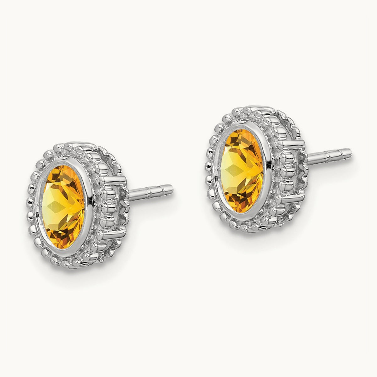 Oval Citrine Post Earrings — 14K White Gold