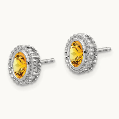 Oval Citrine Post Earrings — 14K White Gold