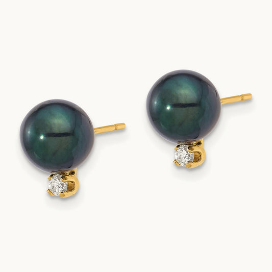 7- Round Black Akoya Pearl and .10ct Diamond Post Earrings, 8mm, 14K