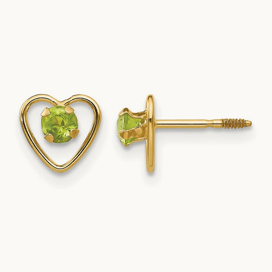 Madi K Genuine Peridot Birthstone Heart Earrings, 3mm, 14K
