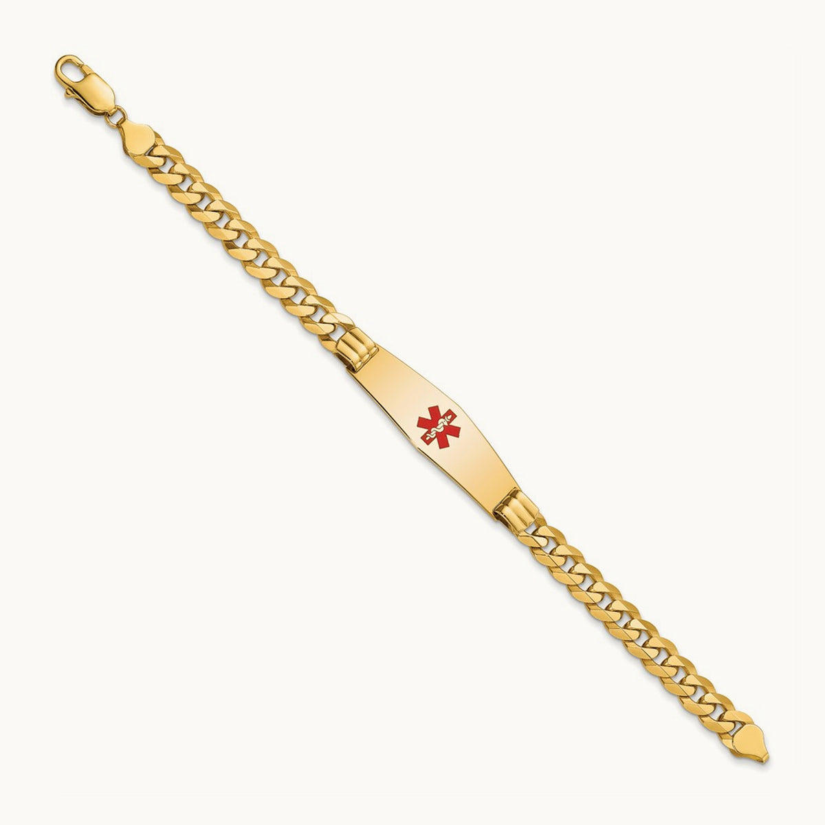Medical Soft Diamond Shape Red Enamel Flat Curb Link ID Bracelet, 14K