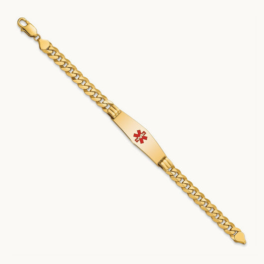 Medical Soft Diamond Shape Red Enamel Flat Curb Link ID Bracelet, 14K