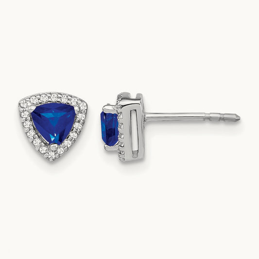 Trillion Sapphire and Diamond Halo Earrings, 14K White Gold
