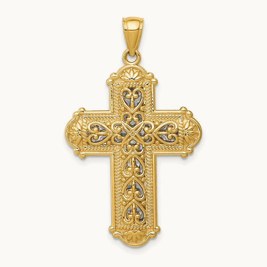w/Rhodium Reversible Diamond-cut Filigree Cross Pendant, 14K