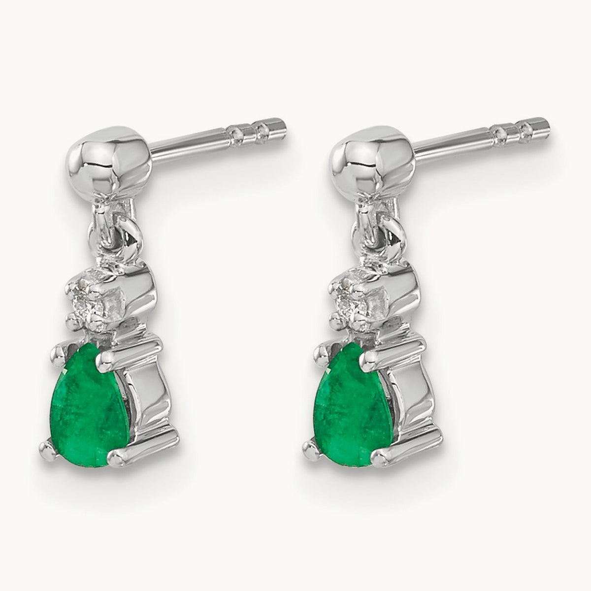 Emerald and Diamond Dangle Post Earrings, 14K White Gold