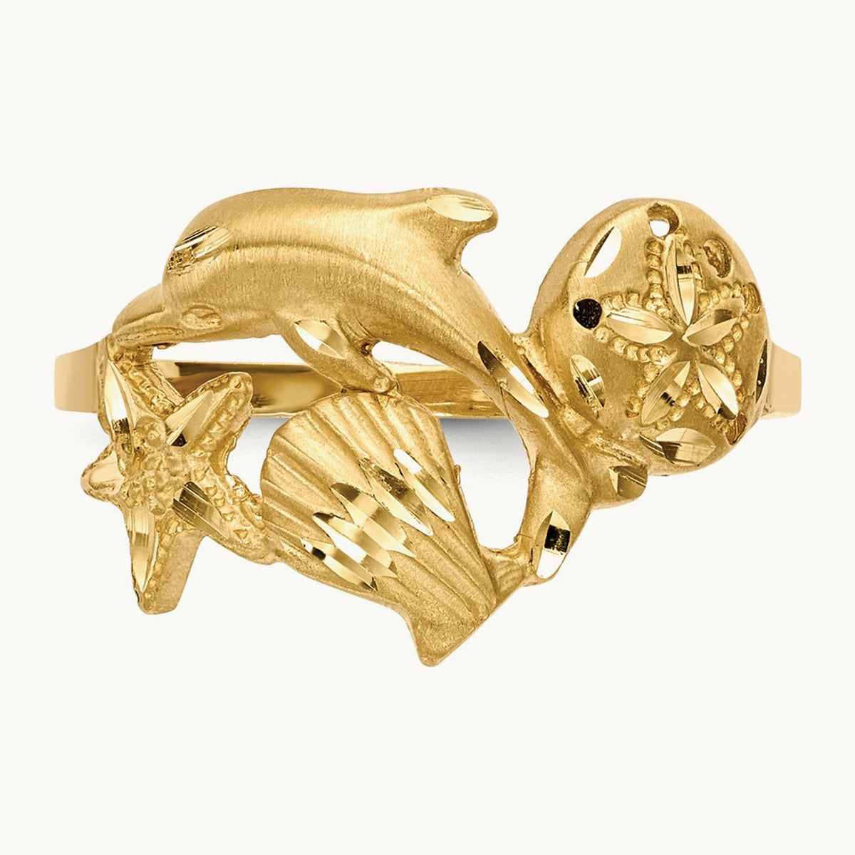 Polished and Satin Diamond-cut Dolphin Starfish Shell Sand Dollar Ring, 14K