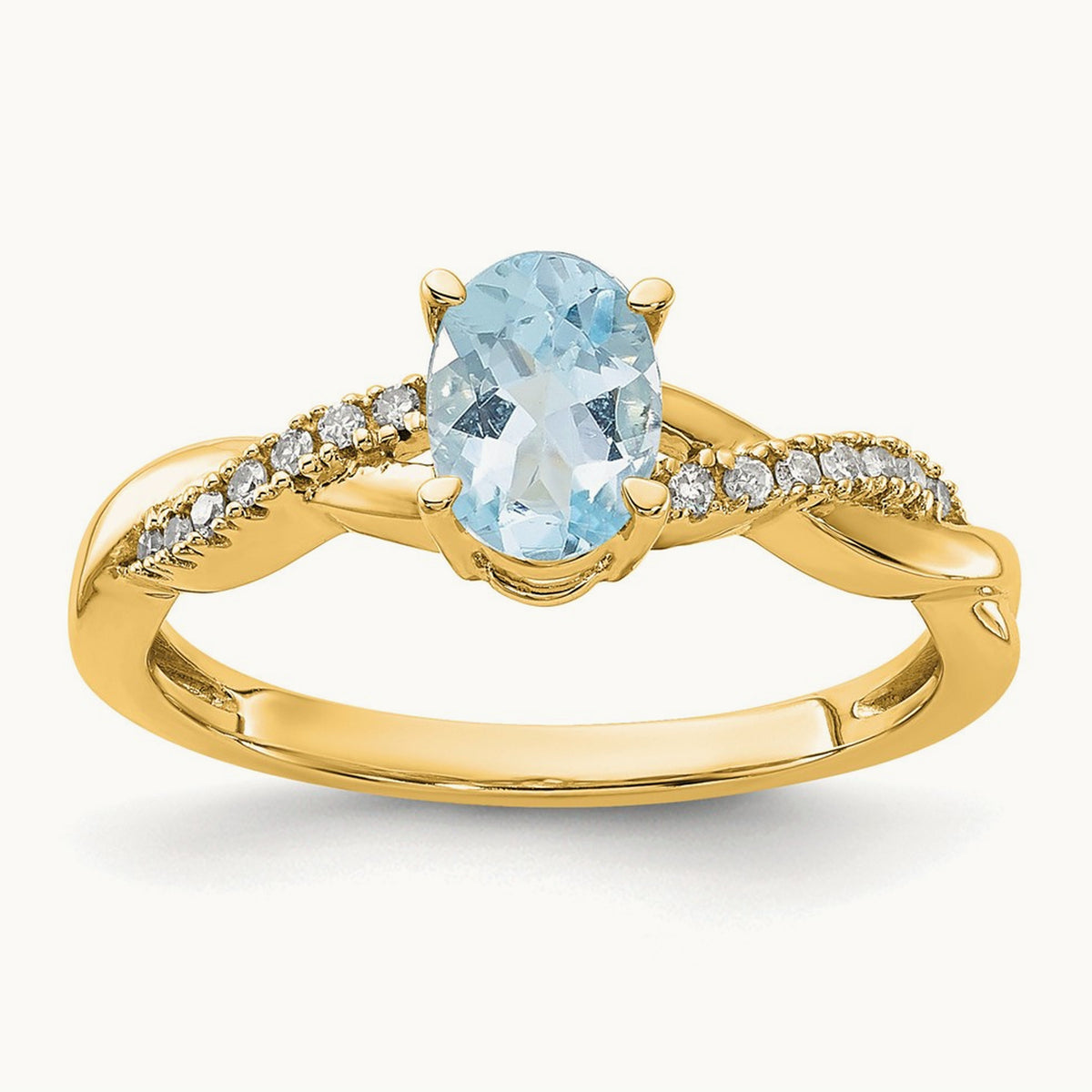 Oval Aquamarine and Diamond Ring — 14K Yellow Gold, 7