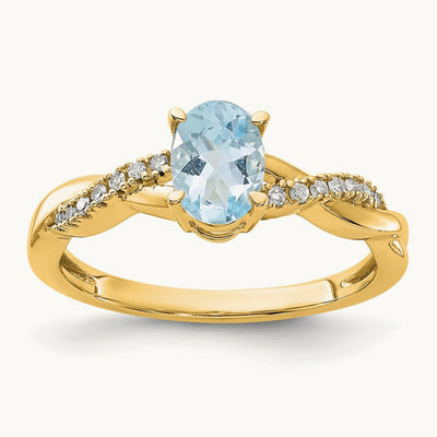 Oval Aquamarine and Diamond Ring — 14K Yellow Gold, 7
