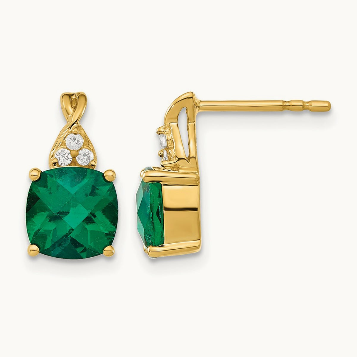 Checkerboard Created Emerald and Lab-Grown Diamond Earrings — 14K Yellow Gold