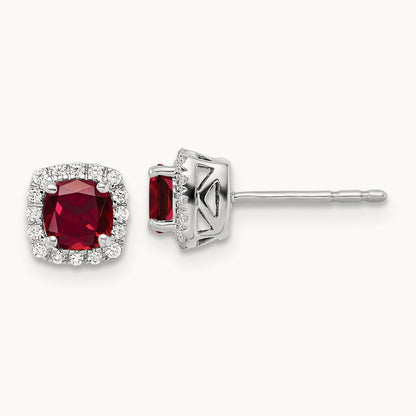 Created Ruby Square Halo Post Earrings, 0.10 ct tw Lab-Grown Diamond — 14K Yellow Gold