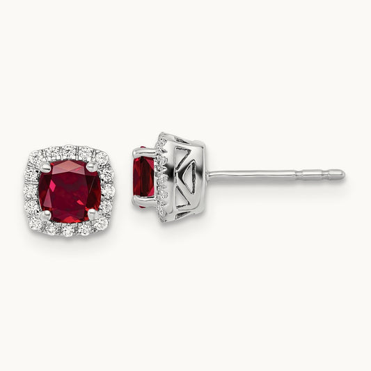Created Ruby Square Halo Post Earrings, 0.10 ct tw Lab-Grown Diamond — 14K Yellow Gold