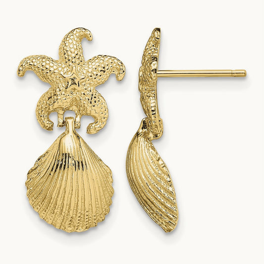 Starfish /Scallop Shell Dangle Earrings, 14K