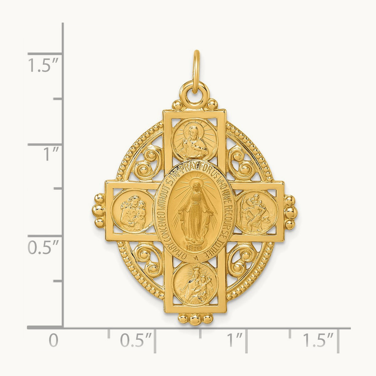 Polished and Satin Miraculous 4-way Medal Oval Pendant, 14K