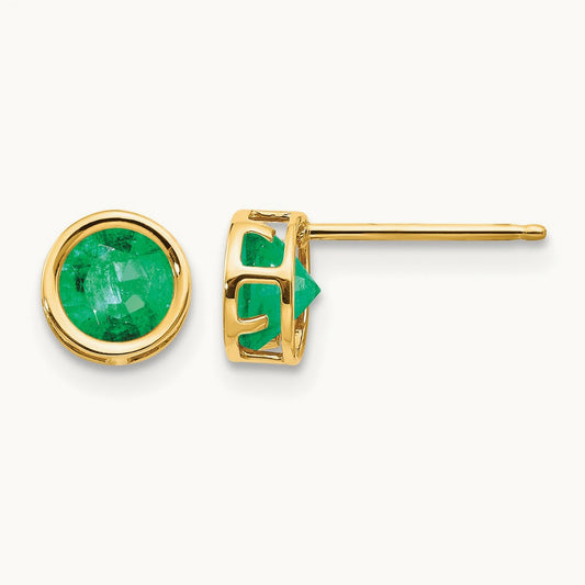 Bezel Emerald Stud Earrings — 14K Yellow Gold