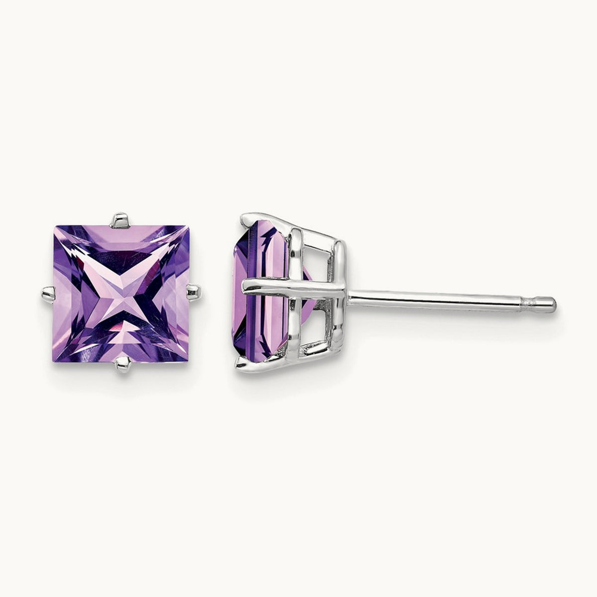 Princess Cut Amethyst Earrings, 6mm, 14K White Gold
