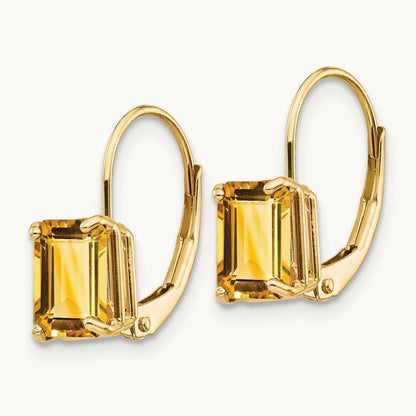 7x5mm Emerald Cut Citrine Leverback Earrings, 14K