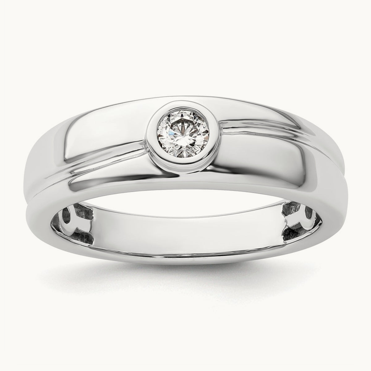 Grooved Complete Diamond Mens Wedding Band, 14K White Gold