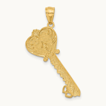 w/White Rhodium Polished I LOVE YOU Filigree Heart Key Charm, 14K