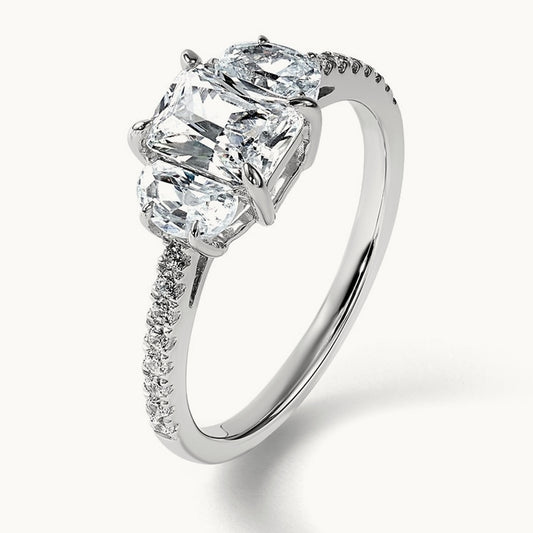 F+Half Moon Radiant Semi-Mount 3 Stone Engagement Ring, 0.75 ct tw Lab-Grown Diamond
