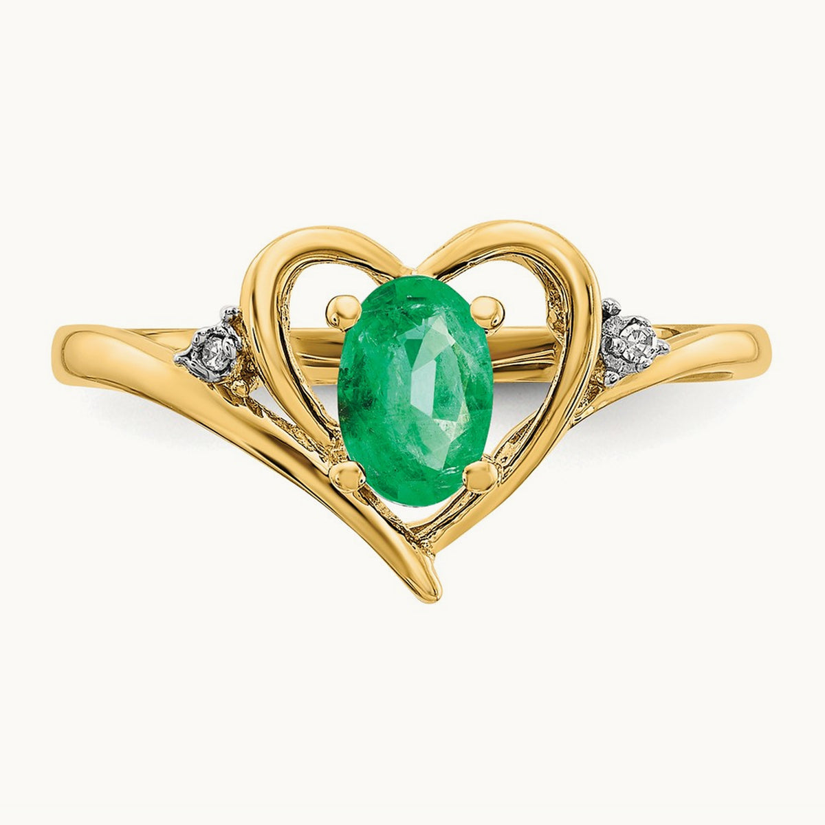 Emerald and Diamond Heart Ring — 14K Yellow Gold, 7