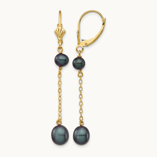 5- Black Rice Freshwater Cultured Pearl Leverback Earrings, 7mm, 14K