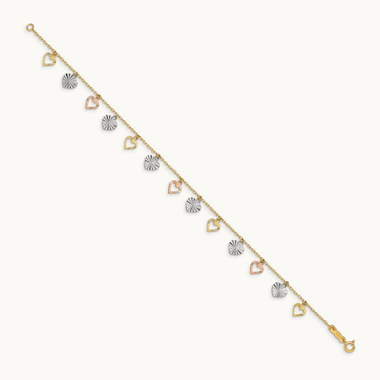 Tri-Color Heart Bracelet, 14K