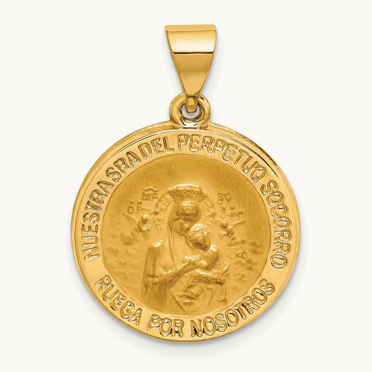 Hollow Polished/Satin Spanish Perpetuo Socorro Medal, 14K