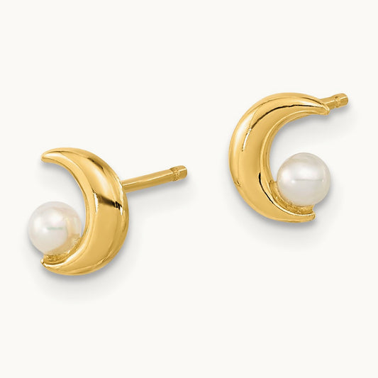 Polished Half Moon 2.5- Freshwater Cultured Pearl Post Earrings, 3mm, 14K