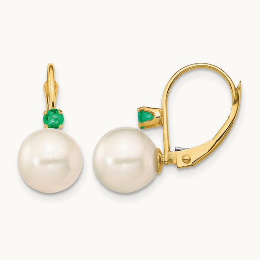 8- White Round FWC Pearl Emerald Leverback Earrings, 8.5mm, 14K