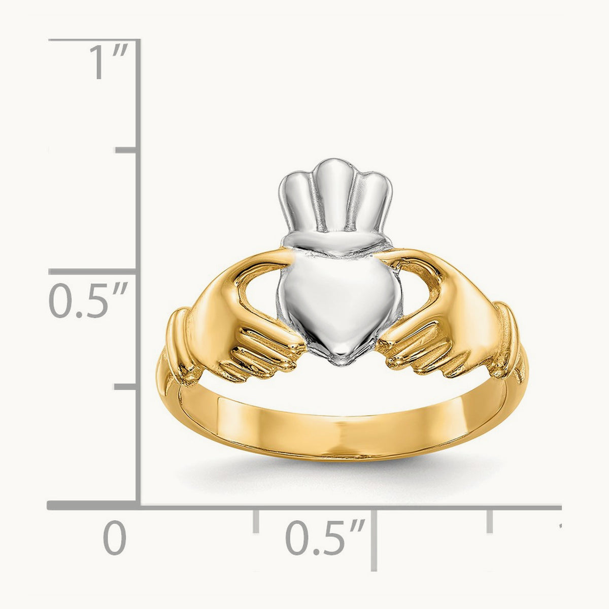 Polished and Rhodium Claddagh Ring, 14K