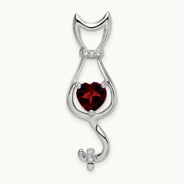 Garnet and Diamond Cat Pendant, 14K White Gold